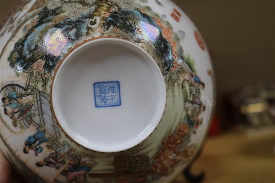 A Chinese egg shell porcelain bowl, wood stand and box